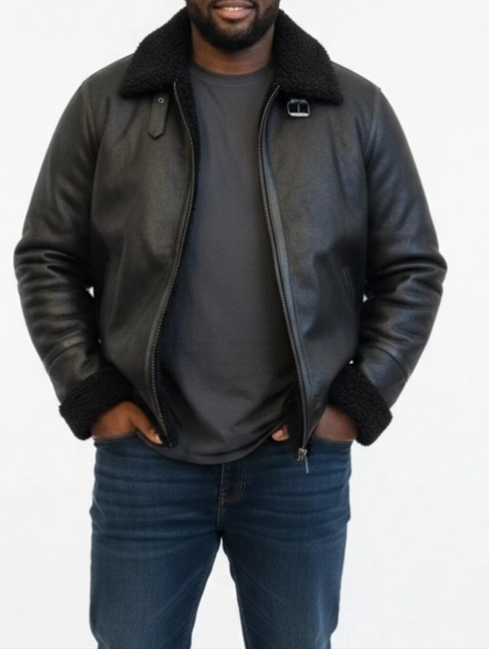 Calvin Klein Men's Black Faux Leather Jacket Sz L Faux Sherling Collar Casual